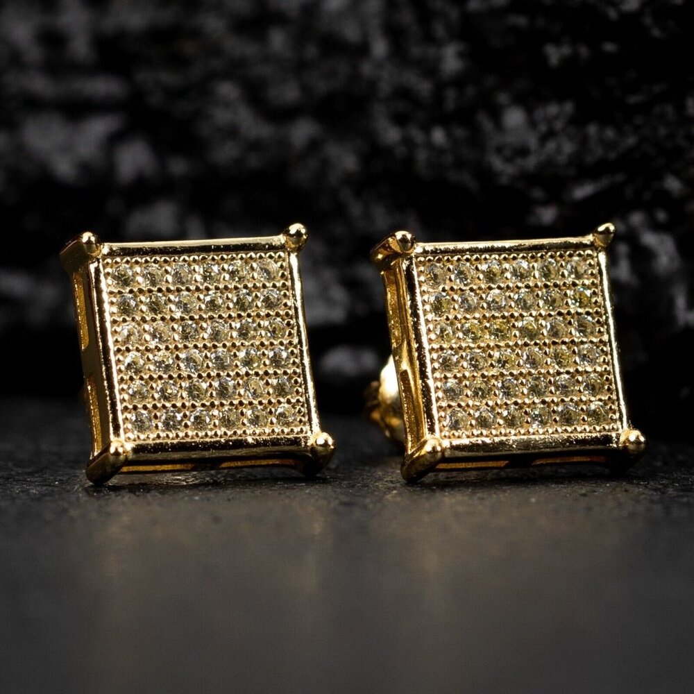 Men's Flat Screen Iced 14k Gold Plated Canary Yellow  Hip Hop Stud Earrings